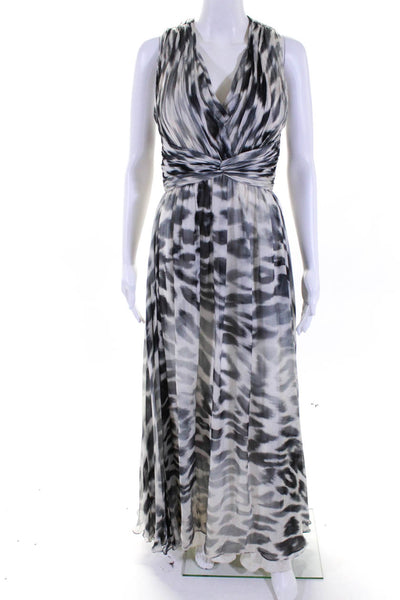 Monique Lhuillier Women's Silk V Neck Printed A Line Gown Gray Size 8