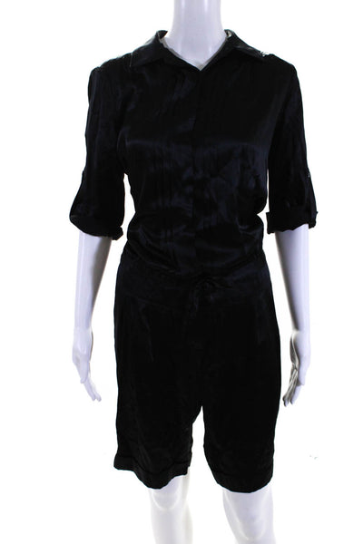 BCBGMAXZARIA Women's Collar Short Sleeves Silk Romper Black Size 6