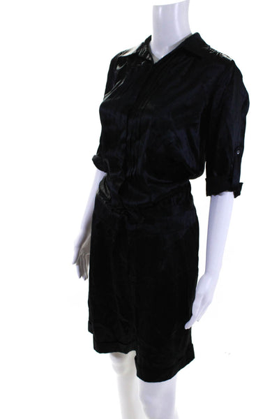 BCBGMAXZARIA Women's Collar Short Sleeves Silk Romper Black Size 6