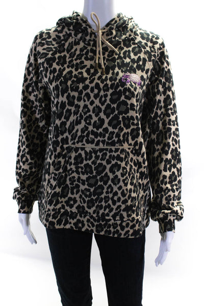 Nicole Miller Womens Elephant Embroidered Leopard Hoodie Sweater Brown Small