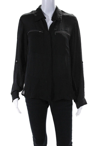 L'Agence Womens Black Silk Zip Pockets Collar Long Sleeve Blouse Top Size 2