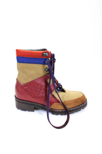 Bottega Veneta Womens Intrecciato Leather Canvas Combat Boots Brown Red Size 36