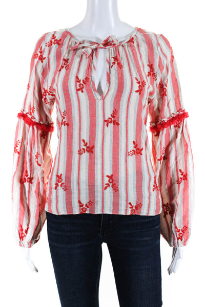 Misa Womens Cotton Striped Embroidered Flower Long Sleeve Blouse Top Red Size M