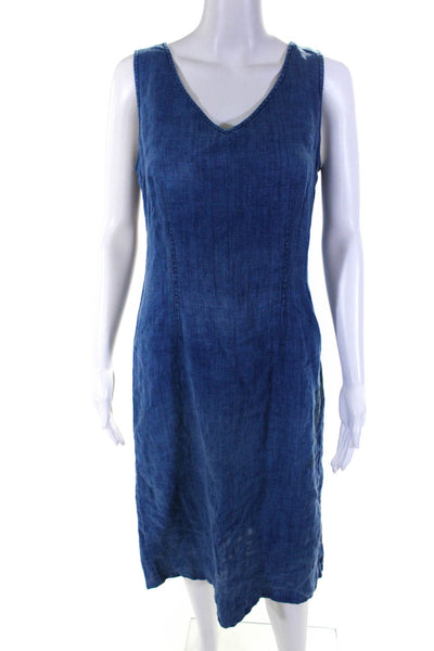 Jones New York Womens Linen Sleeveless Darte Round Neck A-Line Dress Blue Size 6