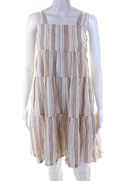 Madewell Womens Cotton Striped Tier Back Button A-Line Midi Dress White Size P0
