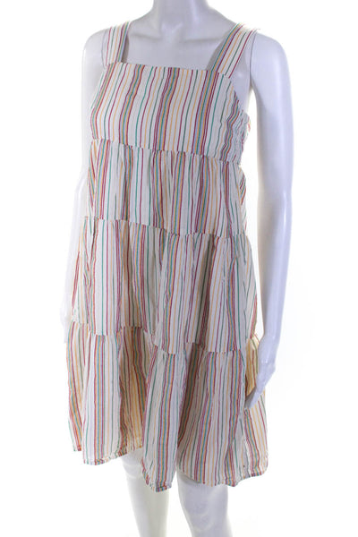 Madewell Womens Cotton Striped Tier Back Button A-Line Midi Dress White Size P0