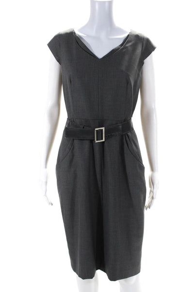 Calvin Klein Womens Back Zip Cap Sleeve V Neck Belted Dress Gray Size 6