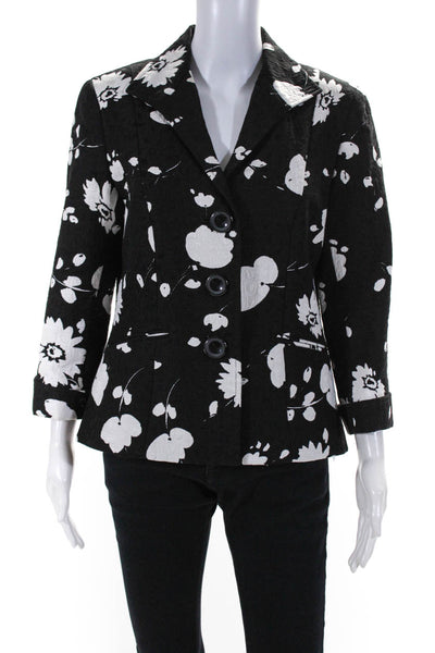 Lafayette 148 New York Womens Floral Print Jacket Black White Cotton Size 8