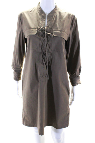 Theory Womens Cotton Lace Up Round Neck Long Sleeve A-Line Dress Brown Size 6