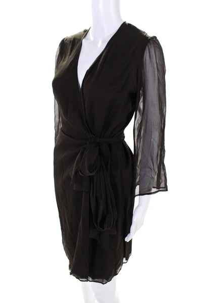 Lynn Lugo Womens Long Sleeve V Neck Silk Wrap Dress Chocolate Brown Size 4