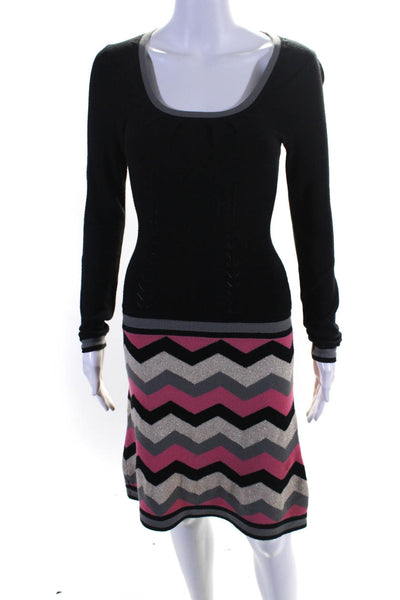 Milly Women's Scoop Neck Long Sleeve Chevron Print Knit Dress Black Pink Size S