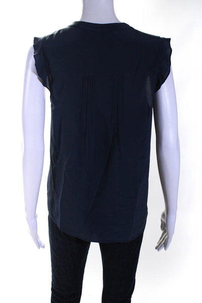 Theory Womens Silk Sleeveless Ruffled V-Neck Textured Blouse Top Blue Size S