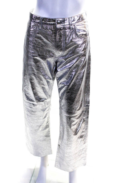 Minuit Womens Mid Rise Metallic Chrome Leather Straight Leg Pants Silver FR 36