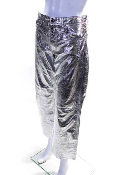 Minuit Womens Mid Rise Metallic Chrome Leather Straight Leg Pants Silver FR 36