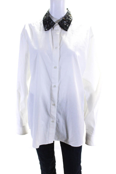 Des Phemmes Womens Embellished Collar Poplin Button Up Shirt Blouse White IT 44