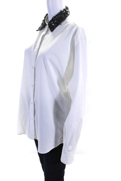 Des Phemmes Womens Embellished Collar Poplin Button Up Shirt Blouse White IT 44