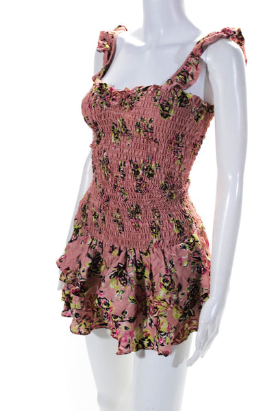 Sun Becomes Her Womens Pink Smocked Floral Ruffle Sleeveless Mini Dress Size M