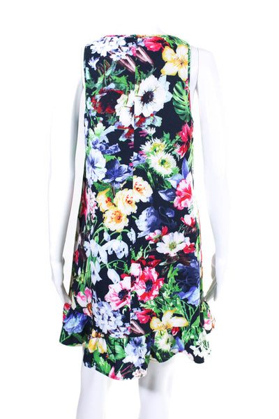 LDT Womens Floral Print Ruffle Hem Round Neck Sleeveless Dress Navy Size 4
