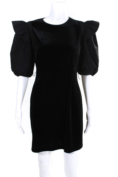 LDT Womens Stretch Velvet Puff Sleeve Round Neck Zip Up Mini Dress Black Size 4