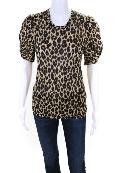 ALC Womens Leopard Print Ruched Short Sleeved T Shirt Blouse Brown Black Size S