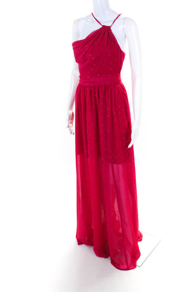 LDT Womens Sparkle Print Adjustable Strap Side Zip Halter Maxi Dress Pink Size 4