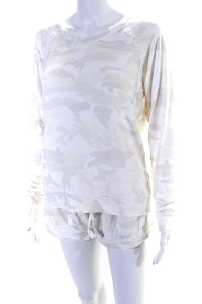 PJ Salvage Womens Army Fatigue Long Sleeve Top + Short Pajama Set Cream Size M L