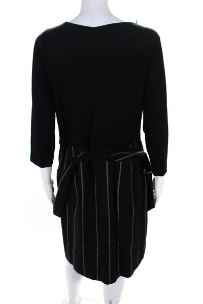 DKNY Women's Long Sleeve Crew Neck Stripped Pocketed Sundress Black Size 12