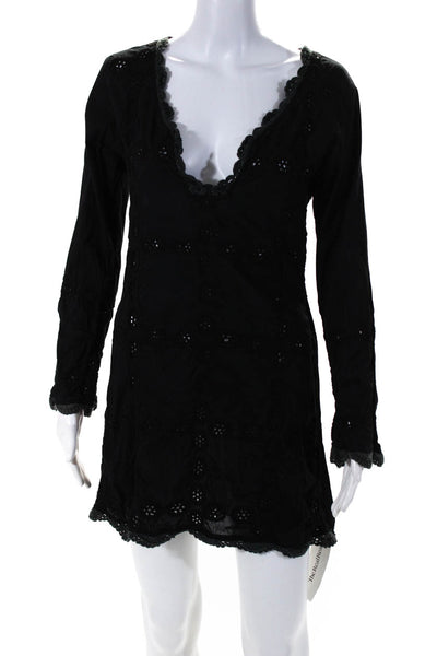 Letarte Handmade Women's Embroidered Long Sleeve V Neck Mini Dress Black Size M