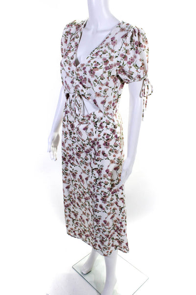 Over Kleshas Womens Floral Print Cut Out V-Neck Split Hem Mid-Calf Dress White M