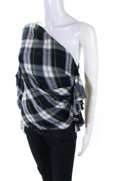 Petersyn Womens Plaid Ruffled Puff One Sleeved Blouse Green Navy White Size XS