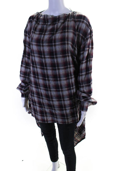 BLESS Nº68 Without Words Womens Plaid Flannel Scarfer Shirt Red Ivory Size Small