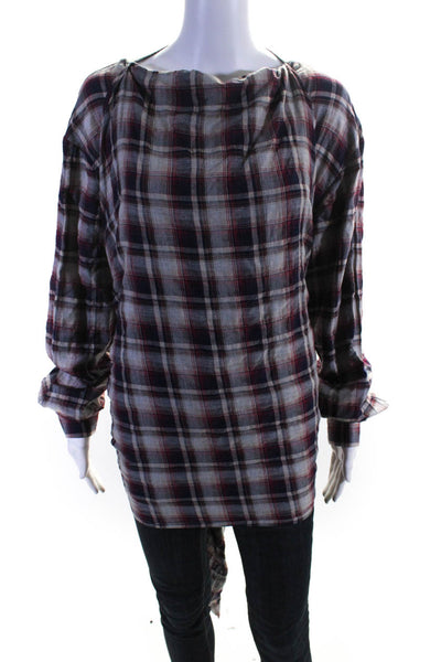 BLESS Nº68 Without Words Womens Plaid Flannel Scarfer Shirt Red Ivory Size Small