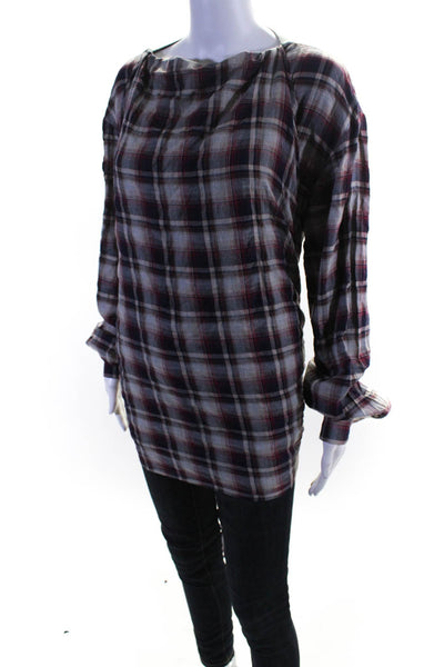 BLESS Nº68 Without Words Womens Plaid Flannel Scarfer Shirt Red Ivory Size Small