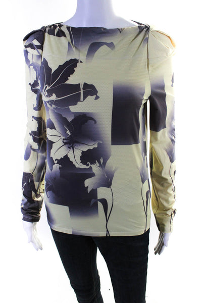 Yueqi Qi Womens Long Sleeve Hibiscus Boat Neck Top Blouse Yellow Purple Medium