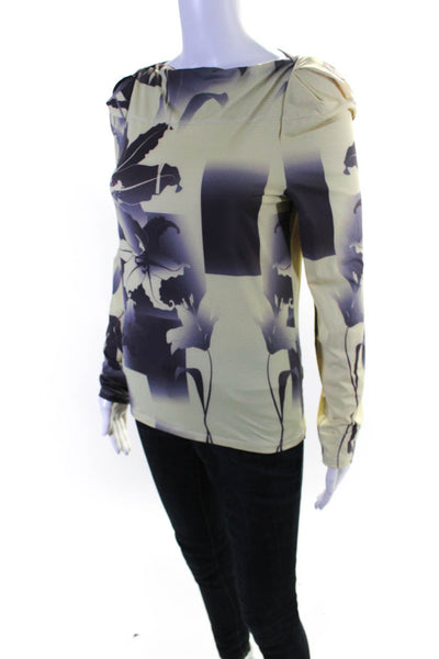 Yueqi Qi Womens Long Sleeve Hibiscus Boat Neck Top Blouse Yellow Purple Medium