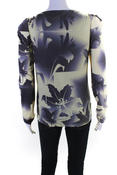 Yueqi Qi Womens Long Sleeve Hibiscus Boat Neck Top Blouse Yellow Purple Medium