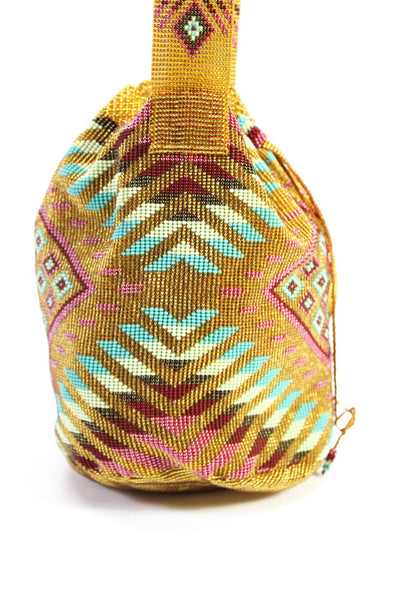Meraki Heritage Womens Kanzachu Geometric Beaded Bucket Crossbody Handbag Gold