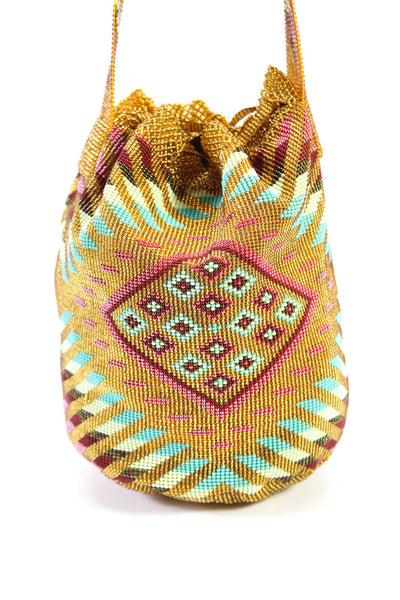 Meraki Heritage Womens Kanzachu Geometric Beaded Bucket Crossbody Handbag Gold