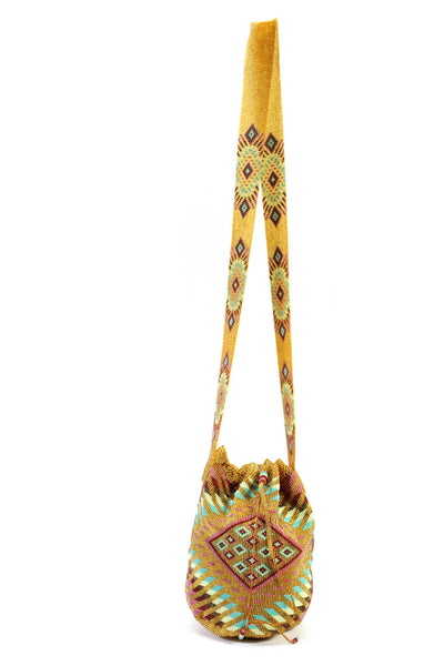 Meraki Heritage Womens Kanzachu Geometric Beaded Bucket Crossbody Handbag Gold