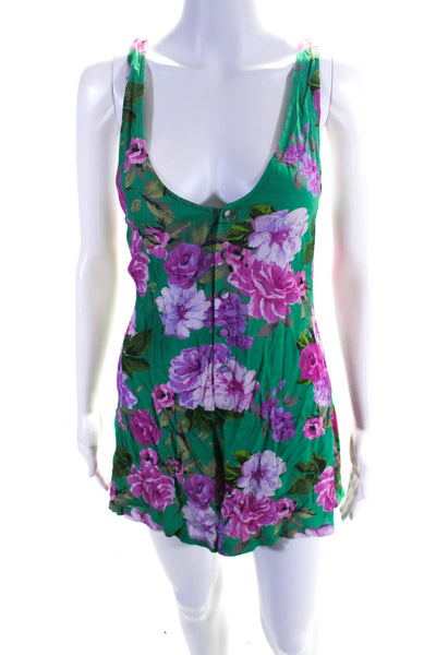 Lovers + Friends Womens V-Neck Sleeveless Half Button Short Romper Floral Size S