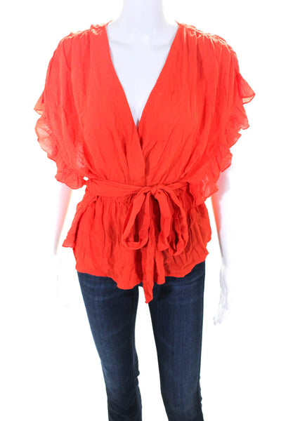 Privacy Please Womens Ruffled Tie Buttoned Short Sleeve Blouse Top Orange Size S