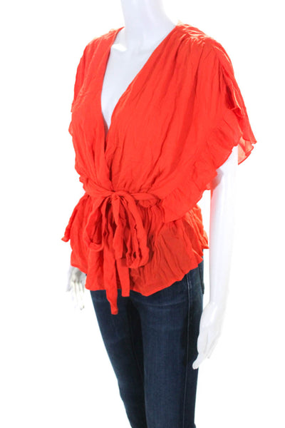 Privacy Please Womens Ruffled Tie Buttoned Short Sleeve Blouse Top Orange Size S