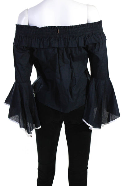 Misa Womens Cotton Flounce Sleeve Off Shoulder Tassel Fringe Blouse Navy Size XS