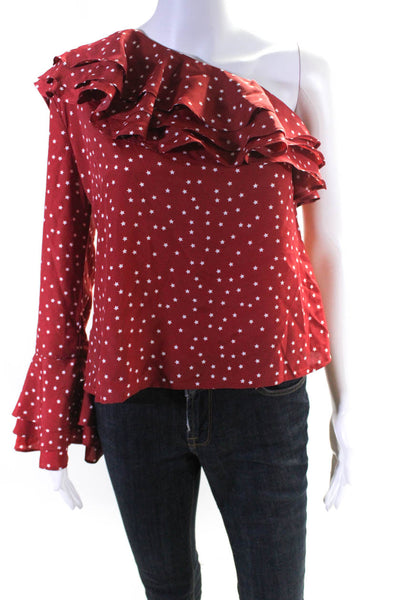 Lovers + Friends Womens Graphic Star One Shoulder Ruffled Blouse Top Red Size S