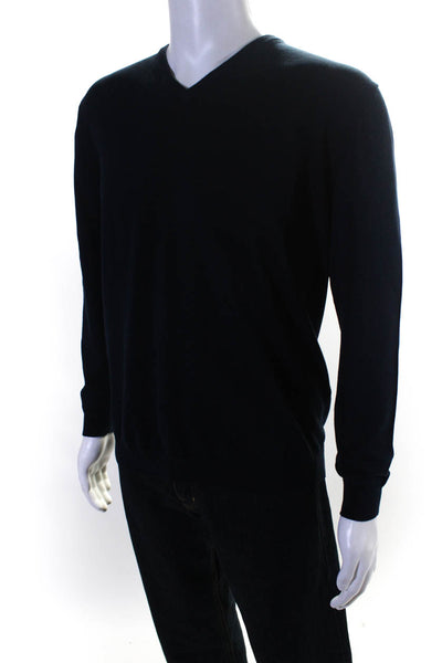 Boggi Mens Pullover Long Sleeve V Neck Sweatshirt Navy Blue Cotton Size Large