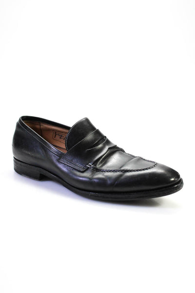 Santoni Mens Almond Toe Slip On Leather Flat Penny Loafers Black Size 8.5