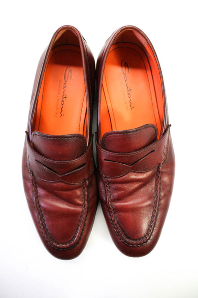 Santoni Mens Almond Toe Flat Leather Penny Loafers Red Brown Size 9