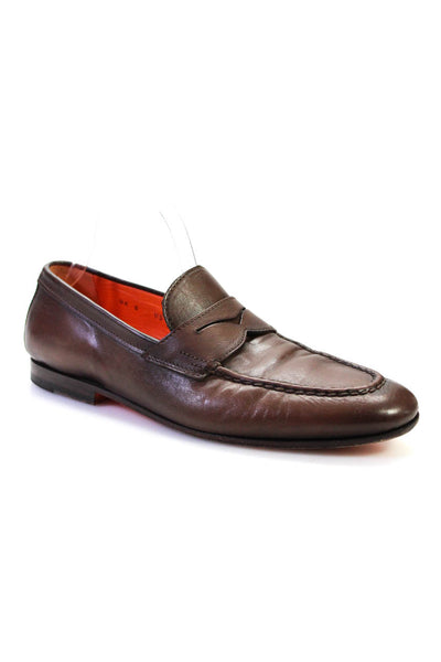 Santoni Mens Almond Toe Slip On Leather Flat Penny Loafers Brown Size 9