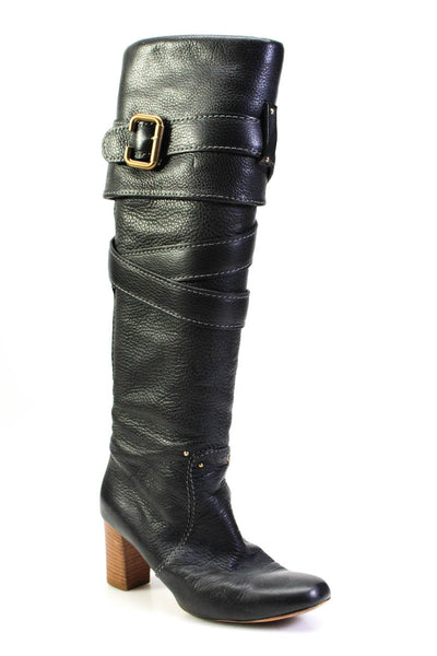 Chloe Womens Leather Strappy Round Toe Knee High Boots Black Size 37.5 7.5