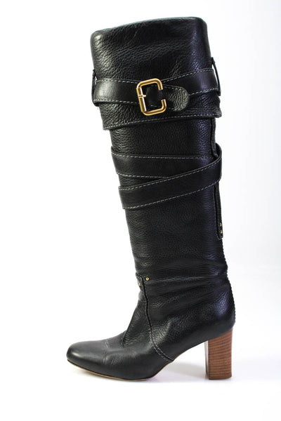Chloe Womens Leather Strappy Round Toe Knee High Boots Black Size 37.5 7.5